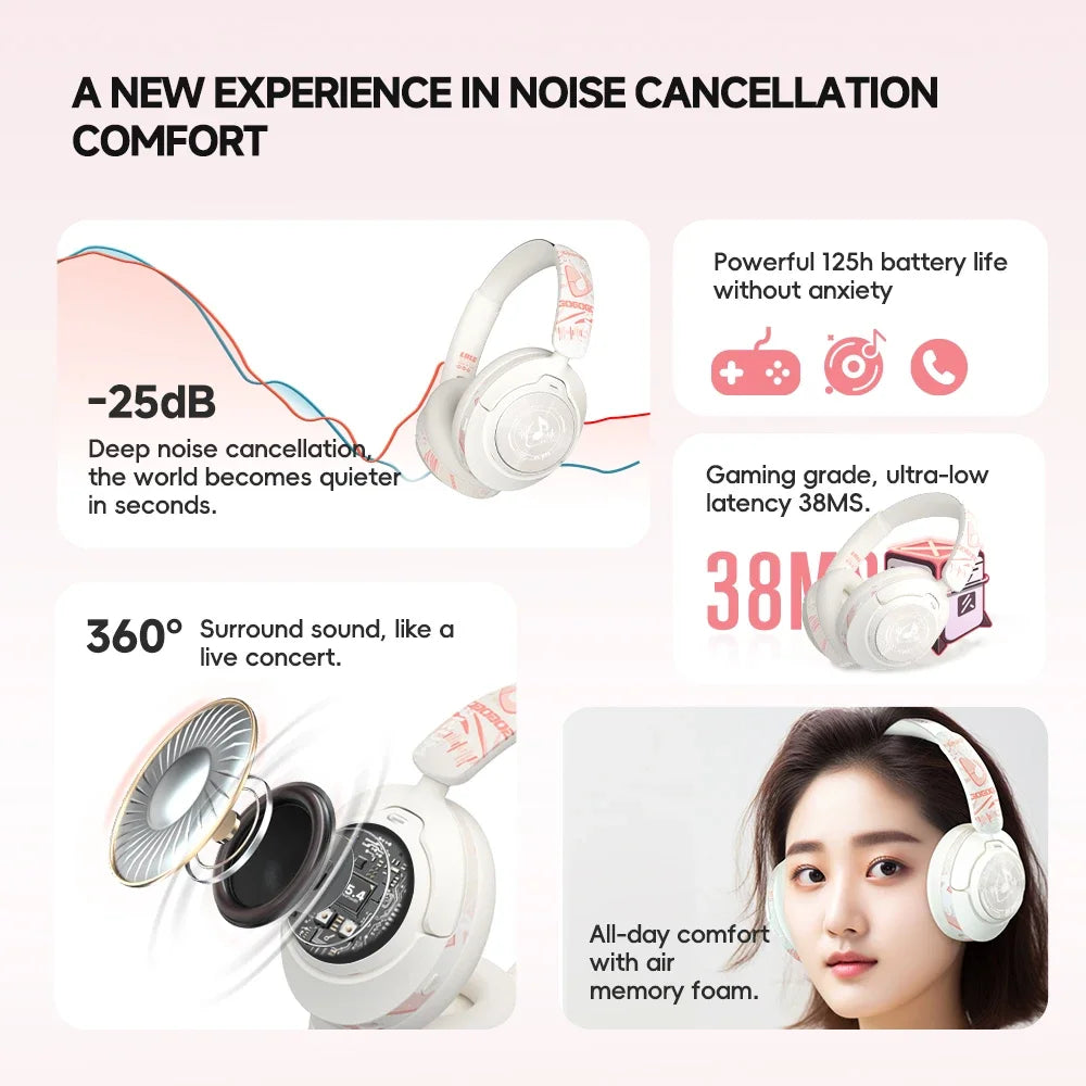 2025 Fashion ANC Hybrid Active Noise Cancelling Wireless Bluetooth 5.4 Headphones With Mic Over Ear Headset With Hifi Deep Bass